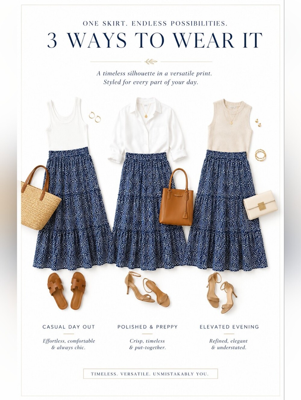 Navy Tiered Midi Skirt | Blue Ivory Print Boho Cottagecore Elastic Waist | XL - Picture 3 of 7